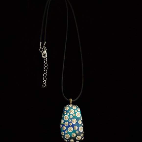 Hand Painted Dot Art Pendant. Ocean Blues Gold and White - Picture 2 of 8